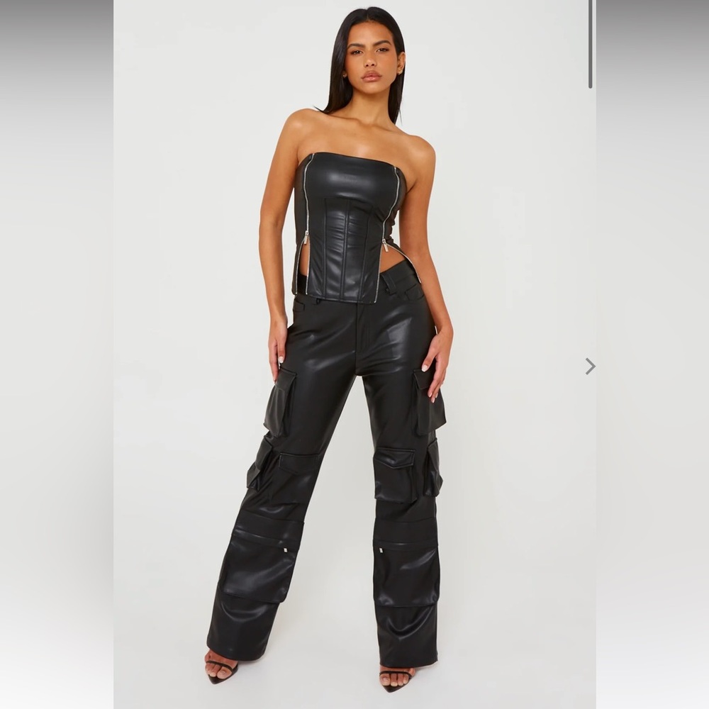 Black Leather Zip Detail Corset and Black oversized trousers.